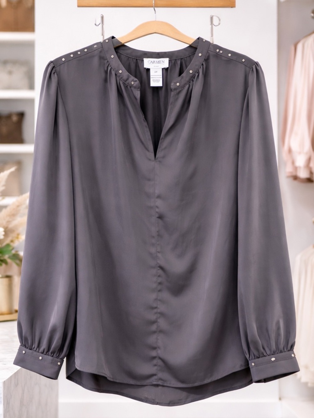 Carmen by Marc Valvo Women’s Long Sleeve Studded Lightweight Grey Blouse - Picture 1 of 10